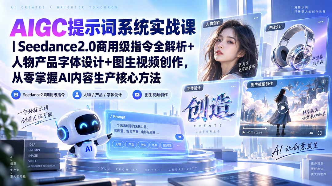 AI提示词系统实战课，Seedance2.0商用级指令结构与优化方法，解决画质差、人物失真、动作僵硬，覆盖产品设计与图生视频