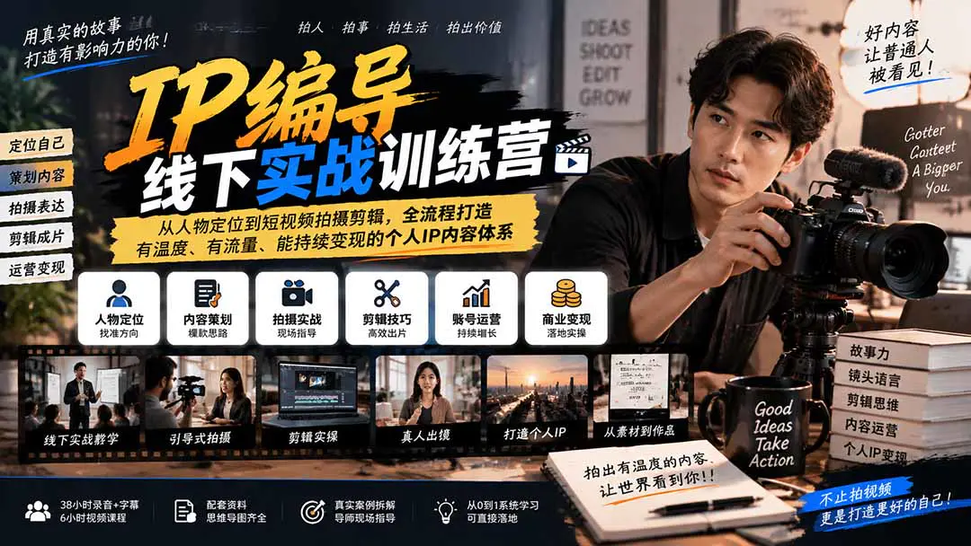 IP编导线下实战训练营:从选题策划、人物定位到短视频拍摄剪辑,打造有温度、有流量、能持续变现的个人IP全流程