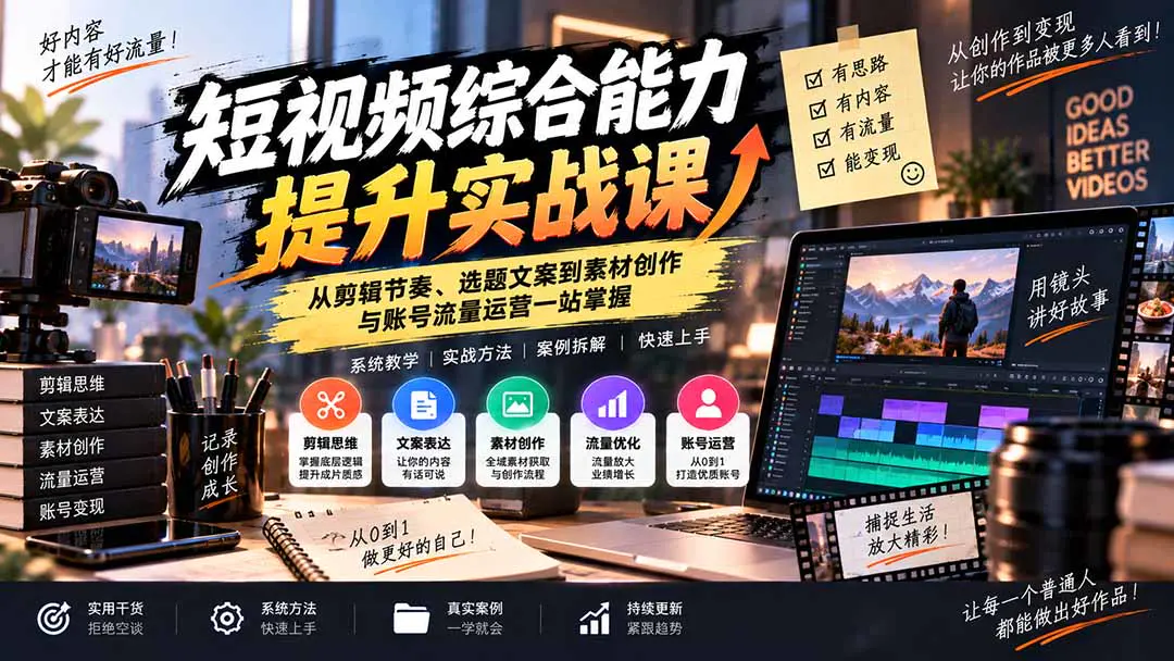 短视频创作运营实训课:从剪辑思维、内容表达到全域素材生产与流量转化,一站式提升创作能力