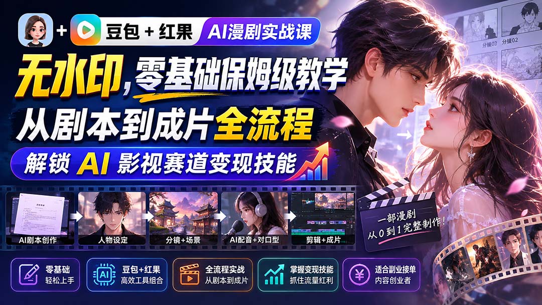 豆包+红果工具零基础AI漫剧实战课，从剧本到成片全流程，从0到1AI影视赛道变现