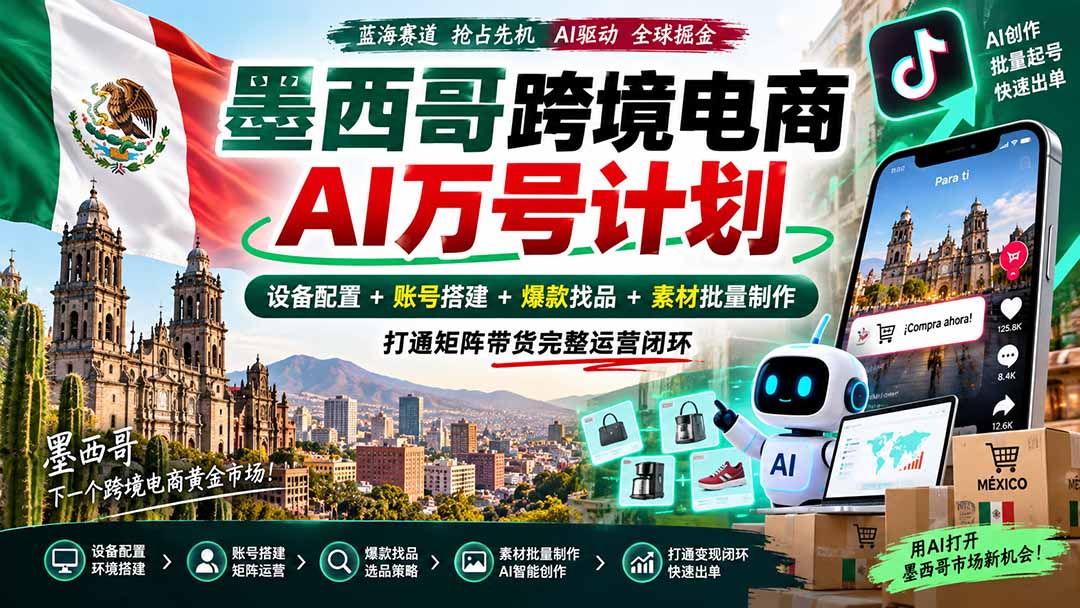 墨西哥跨境电商AI短视频带货矩阵课，设备配置+账号搭建+爆款选品找品+素材制作+矩阵运营