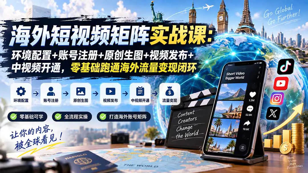 海外短视频矩阵实战课:环境搭建+账号注册+原创生图+视频发布+中视频开通+多账号放大,零基础跑通海外流量变现闭环