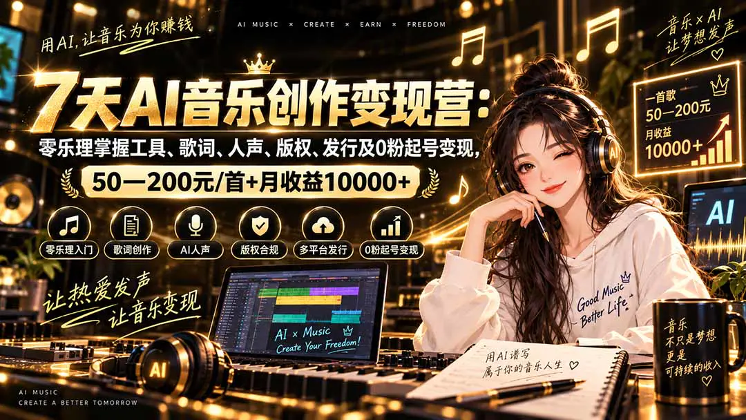 AI音乐创作变现营:零乐理用SUNO从歌词作曲到发行,拆解流媒体分成、版权售卖与个人IP变现路径