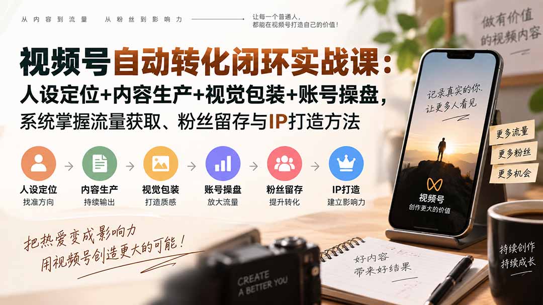 视频号自动转化闭环实战课:人设定位+内容生产+拍摄剪辑+账号运营,掌握流量获取、粉丝留存与IP打造方法
