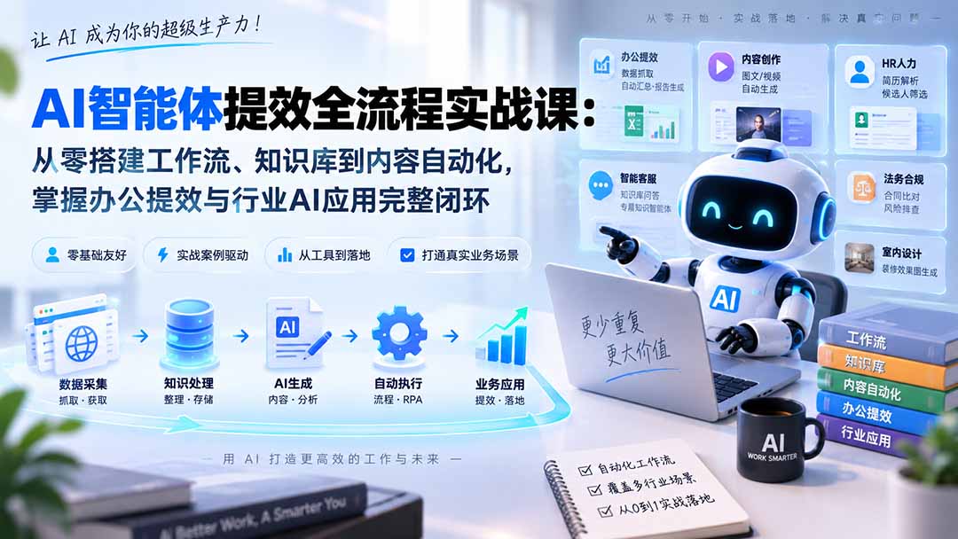 AI智能体提效全流程实战课：零基础搭建自动化工作流，覆盖内容生成、办公数据、HR/法务/设计