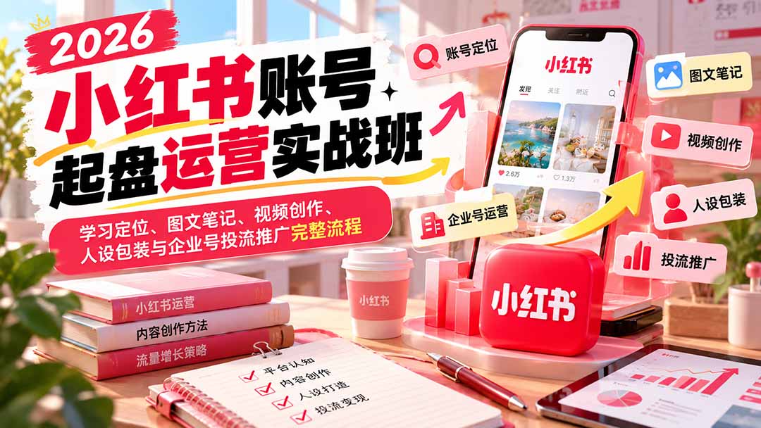 小红书系统运营课：从账号定位、图文视频创作与人设包装到企业号运营与投流推广全流程