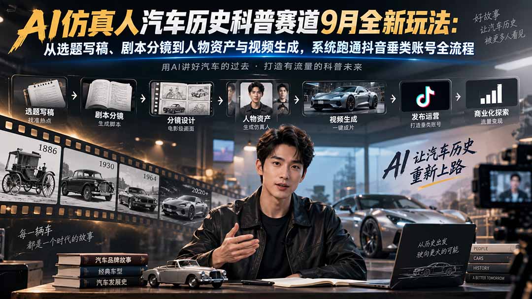 AI仿真人汽车历史科普赛道全新玩法：从选题写稿、剧本分镜到仿真人视频与账号运营，系统跑通抖音垂类账号全流程