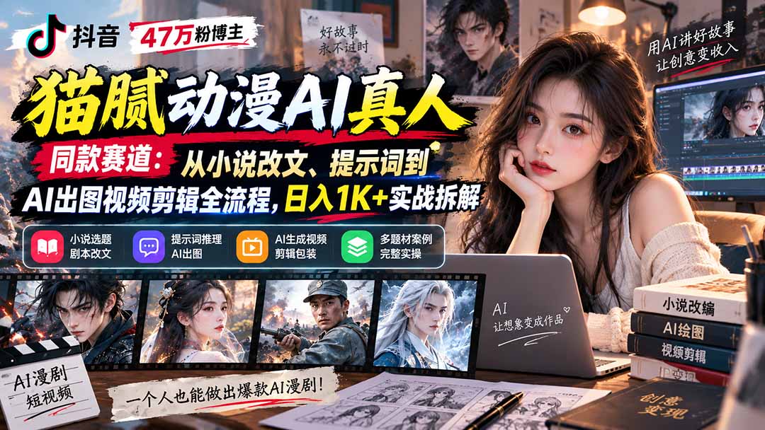 AI真人动漫漫剧创作课：从题材剧本、提示词生图到视频剪辑封面，跑通内容生产与流量变现