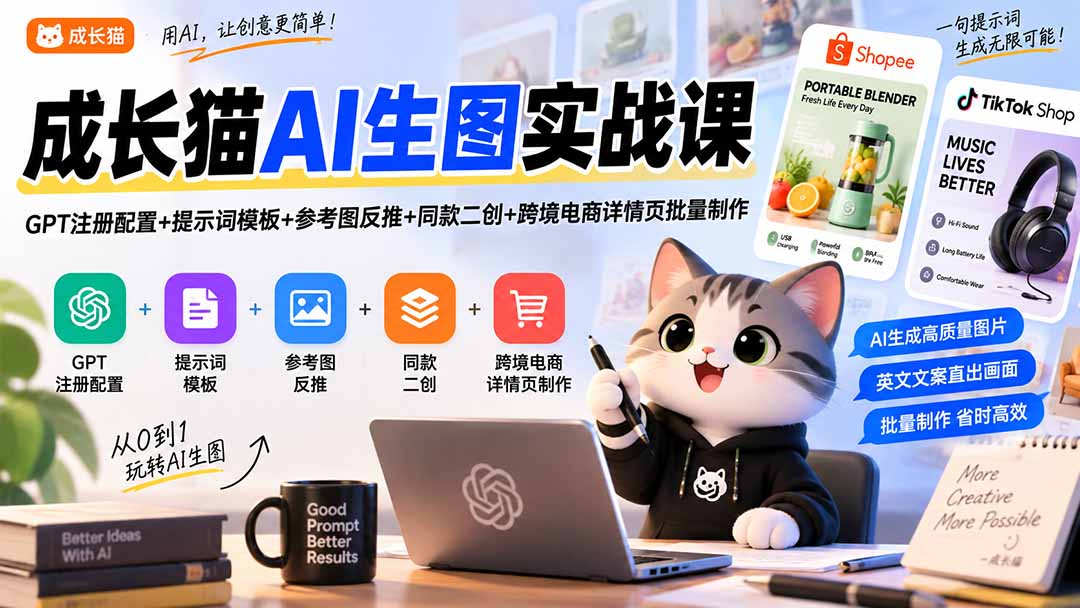 AI生图实战课，GPT注册配置+提示词模板+参考图反推+同款二创+跨境电商详情页批量制作