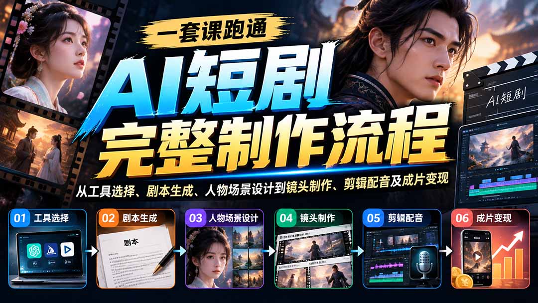 AI短剧从0到1全流程课：从剧本、角色场景到镜头制作、剪辑配音与变现思路全拆解