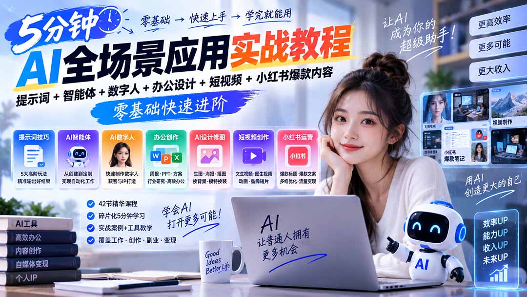 AI全场景应用实战教程，从提示词、智能体、数字人到生图修图与小红书运营，跑通办公提效与个人IP变现