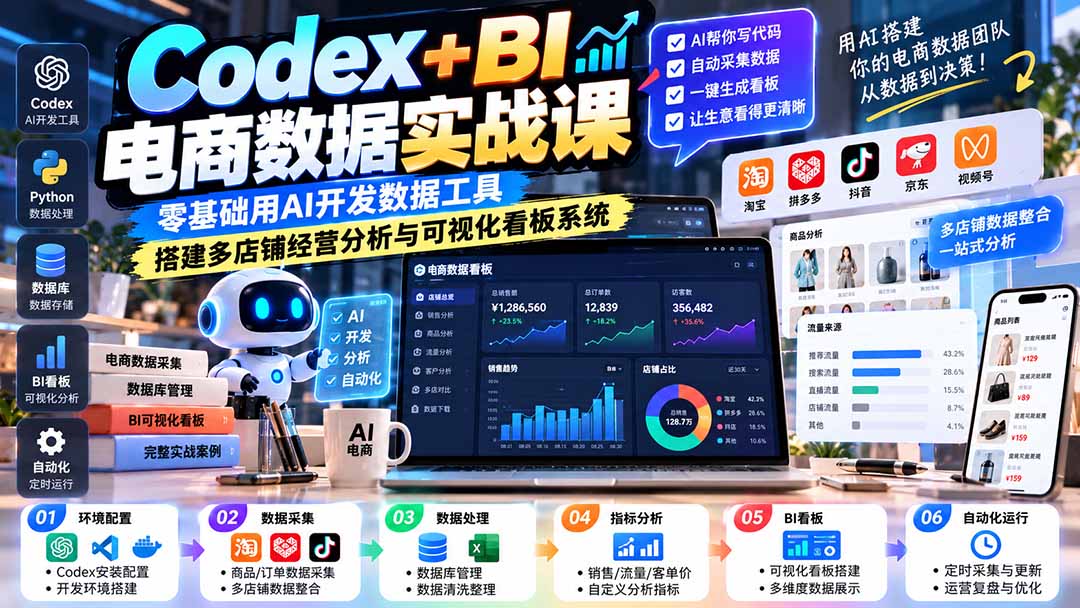 Codex+BI电商数据看板课：零基础从数据抓取、数据库到自定义指标与可视化看板搭建