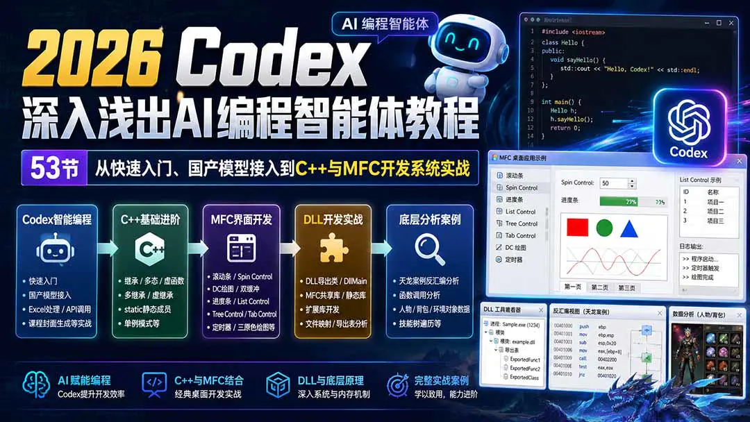 2026 Codex深入浅出AI编程智能体教程:从快速入门、国产模型接入到C++与MFC开发系统实战