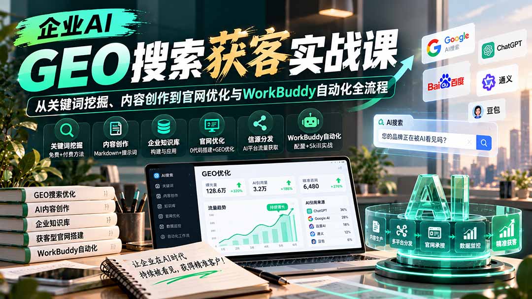 企业AI GEO搜索优化获客实战课:从关键词挖掘、内容创作到官网优化与WorkBuddy自动化全流程