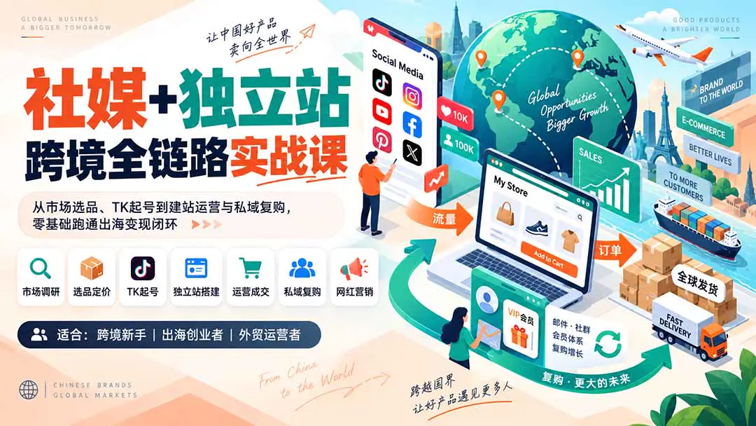 社媒+独立站跨境全链路实战课:从市场选品、TK社媒获客到独立站搭建运营,打通成交、私域复购与网红营销