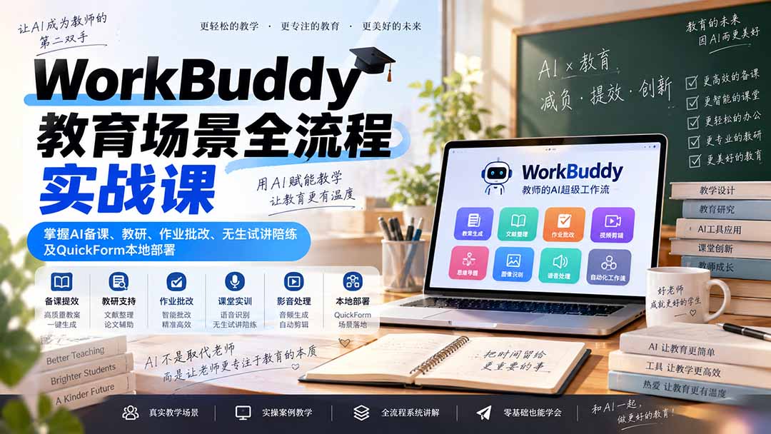 WorkBuddy教育场景全流程实战课：AI备课、教研、作业批改、无生试讲陪练及QuickForm本地部署