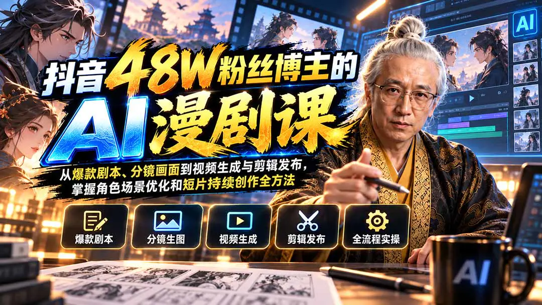 零成本AI漫剧全流程课:从剧本、画面生成到配音剪辑全自动完成,零基础小白也能入局短视频