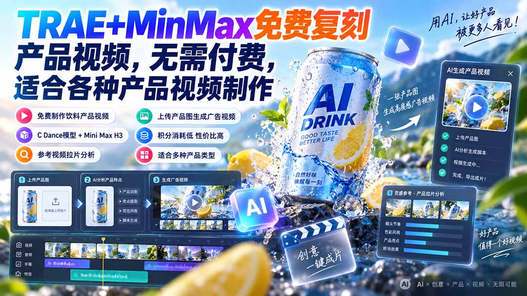 TRAE+MinMax免费复刻产品视频，适合各种产品视频制作，快速出片
