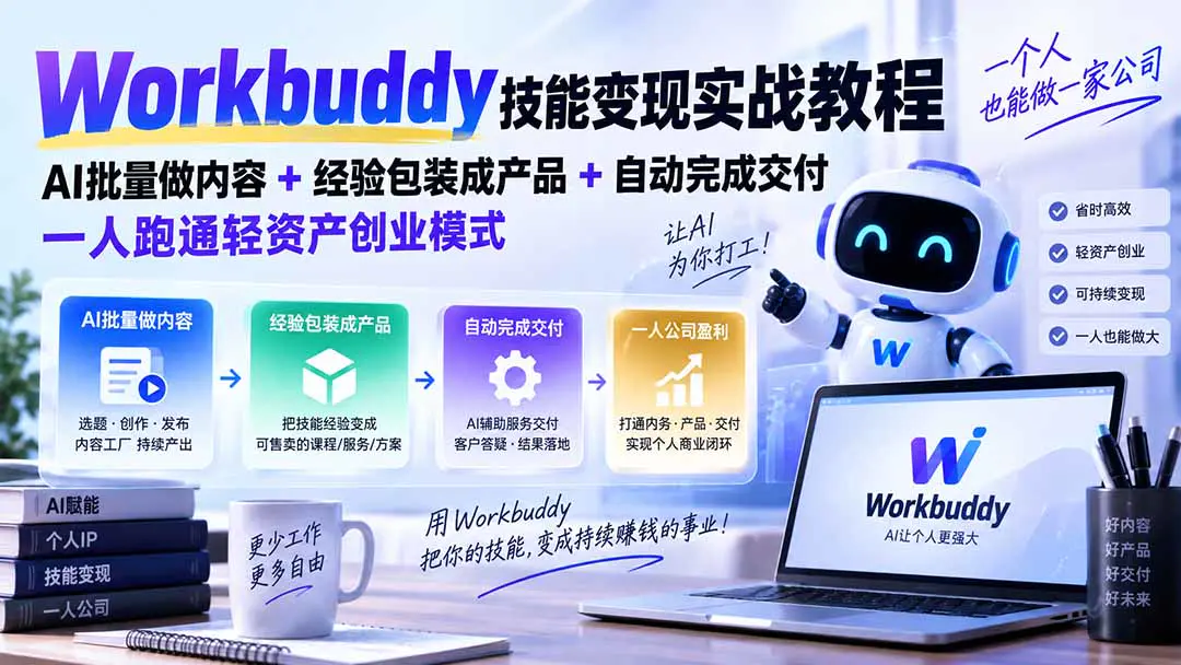 Workbuddy一人公司轻创业课:用AI搭建内容工厂、把经验产品化,跑通获客到自动交付的商业闭环