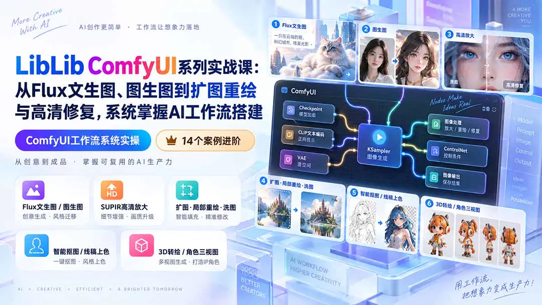 Flux+ComfyUI工作流实战:从文生图、高清修复、扩图重绘到角色三视图与风格转换,搭建可复用图像生产流