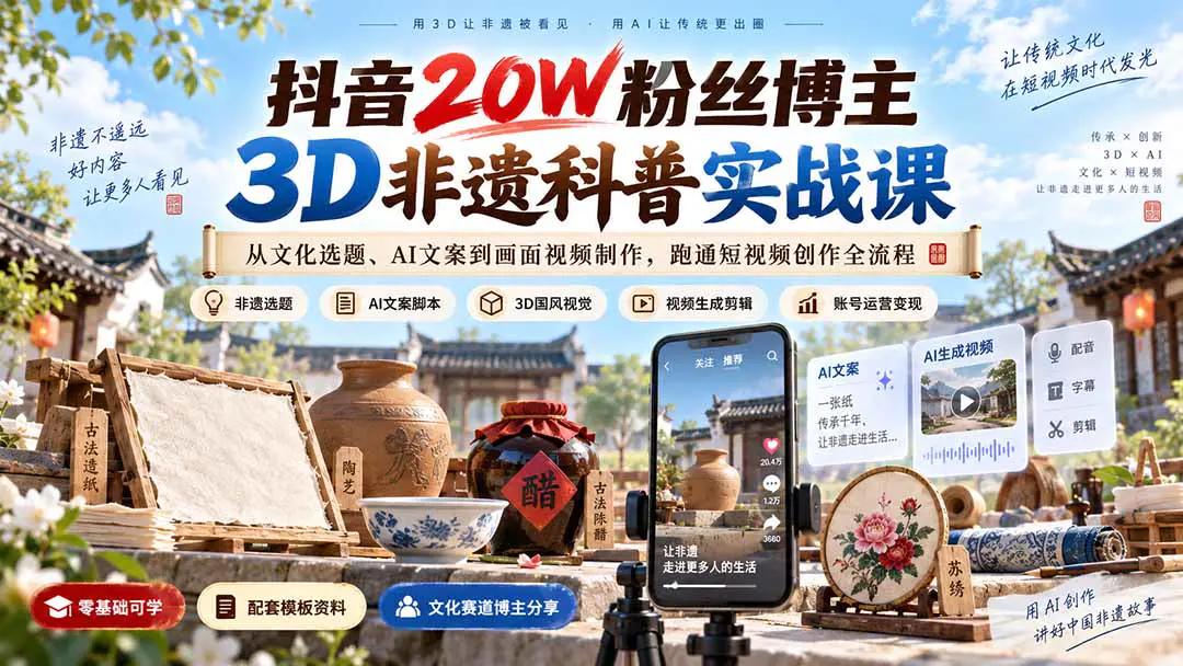 AI非遗科普短视频课:从选题文案到AI生成国风视觉、配音剪辑,零基础学会文化账号运营与收益探索