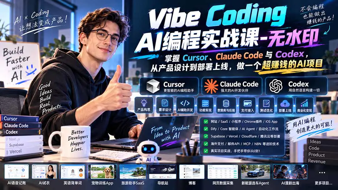 Vibe Coding AI编程实战课:掌握Cursor、Claude Code与Codex,从产品设计到部署上线,做一个超赚钱的AI项目