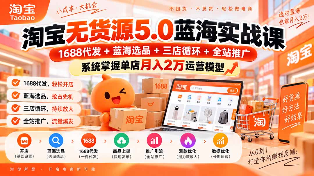 淘宝无货源5.0蓝海精细化实战课：1688代发+蓝海选词选品+三店循环+全站推广+裂变放大，跑通长期运营体系