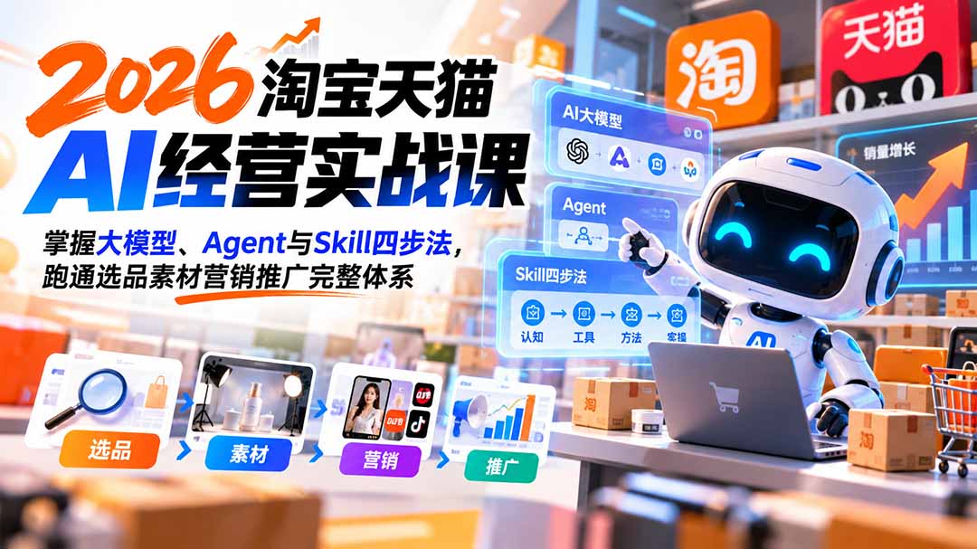 2026淘宝天猫AI经营实战课：从AI工具选择、Skill封装到选品素材、推广客服等13类电商业务落地