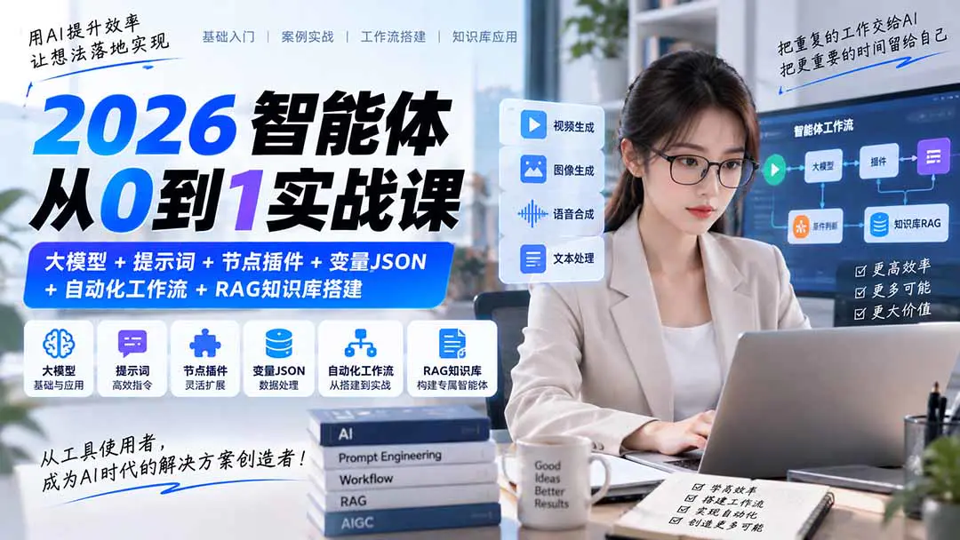 2026智能体从0到1实战课,大模型+提示词+节点插件+变量JSON+自动化工作流+RAG知识库搭建