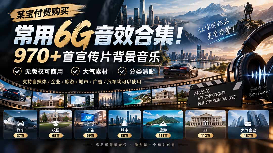 常用音效合集！970+首宣传片背景音乐，6G无版权可商用大气素材