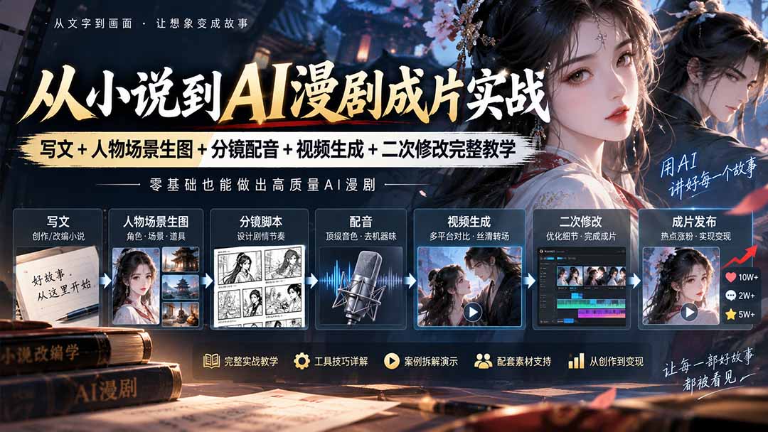 从小说到AI漫剧成片实战课：小说改编、角色场景生图、分镜配音、转场生成到批量生产的完整工作流