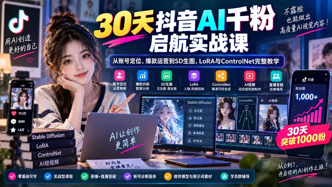 抖音AI涨粉启航实战课:从账号定位、爆款运营到SD生图、AI视频制作,不露脸也能持续涨粉