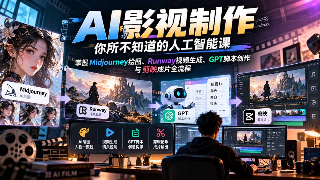 AI影视制作入门课：从Midjourney绘图、Runway视频生成到GPT脚本与剪映成片全流程