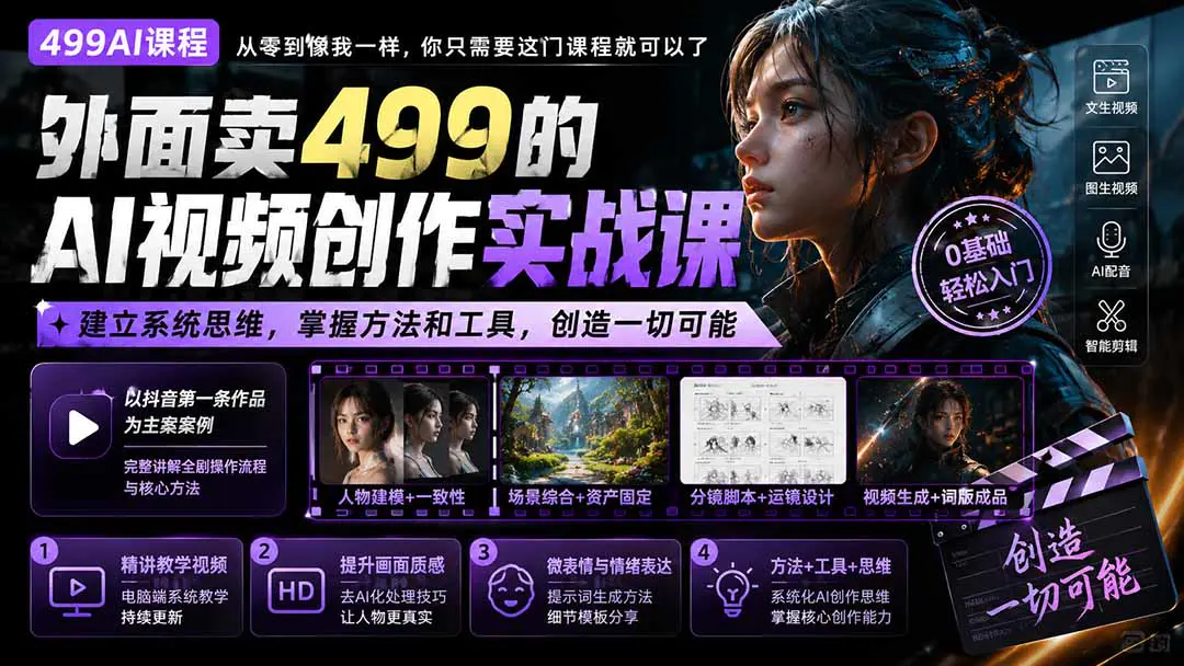 AI视频创作入门实战课:从人物资产建立与一致性控制到工具选型、分镜生成与微表情情绪表达