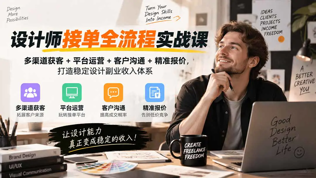设计师接单全流程实战课,多渠道获客+平台运营+客户沟通+精准报价,打造稳定设计副业收入体系
