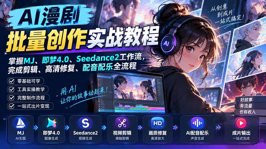 AI漫剧批量创作实战教程:从工作流搭建、MJ/即梦4.0/Seedance2素材生成到剪辑成片与画质音频优化