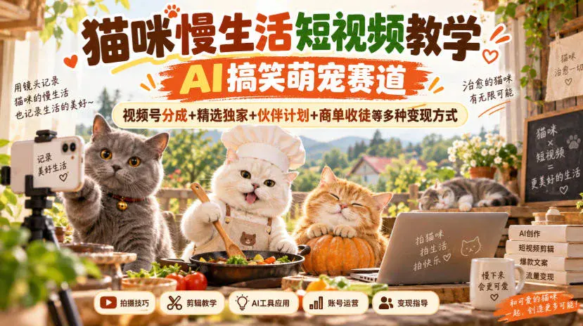 视频号AI搞笑萌宠短视频:猫咪慢生活赛道多种变现全攻略