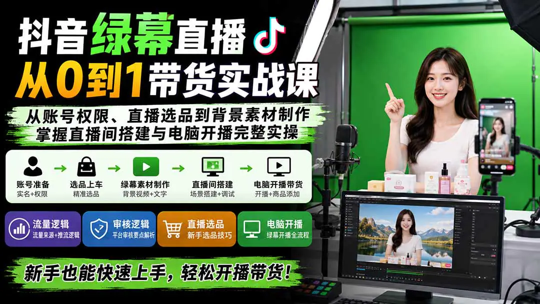 抖音绿幕直播从0到1带货实战课:从账号准备、直播选品上车到背景素材制作与电脑开播,跑通带货直播间搭建与运营完整实操