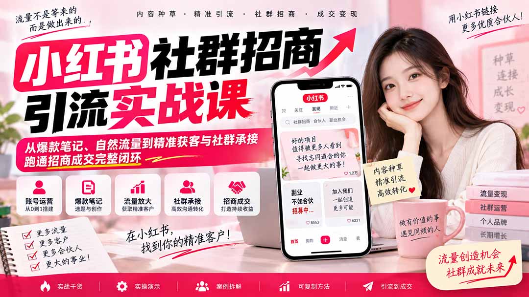 小红书社群招商引流实战课：从账号布局、爆款笔记、自然流量到精准获客与社群运营，跑通招商成交完整闭环