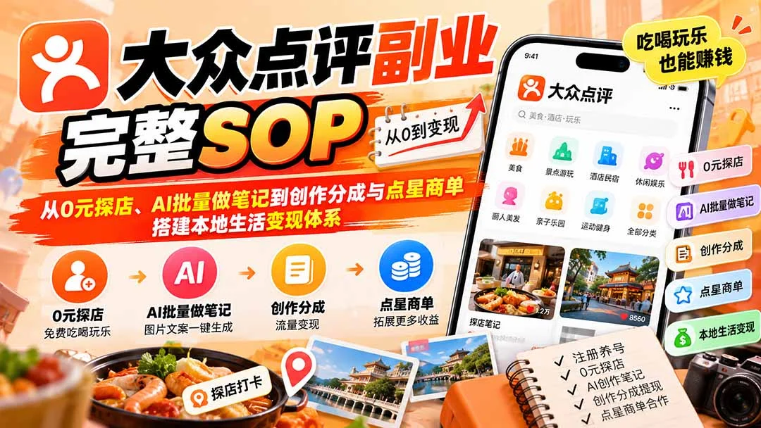 大众点评本地生活AI副业:从养号、免费试探店到AI出片笔记、创作分成与商单(飞书文档)