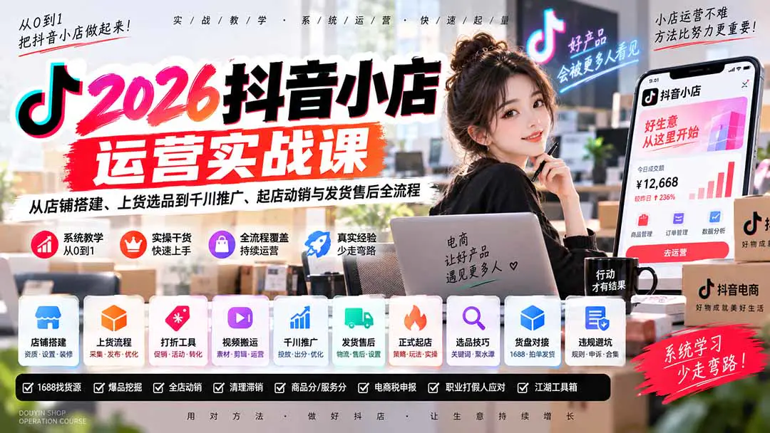 2026抖音小店运营实战课,从店铺搭建、上货选品到千川推广、起店动销与发货售后全流程