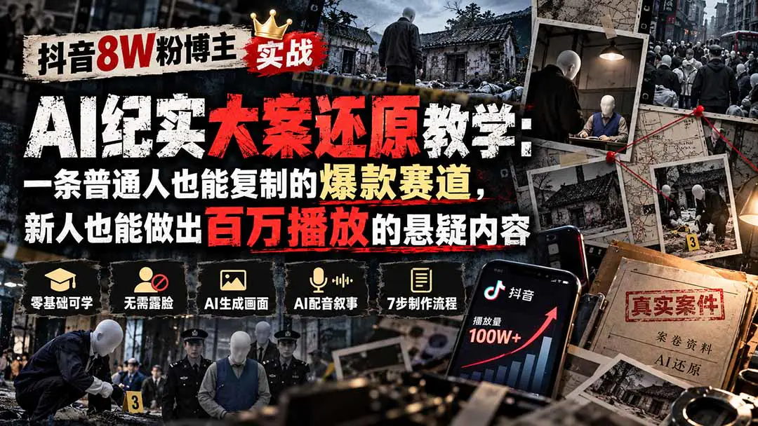 抖音AI纪实大案还原课:从选题脚本、AI画面配音到账号运营与商单变现