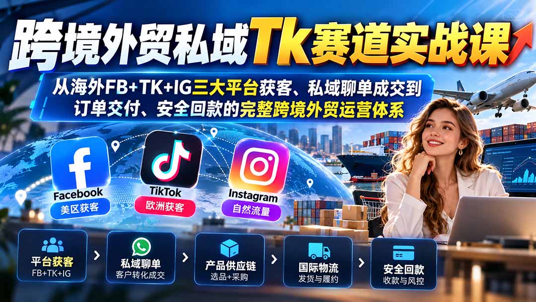 跨境外贸私域Tk赛道实战课：从海外FB+TK+IG三大平台获客、WhatsApp私域聊单成交到订单交付、安全回款的完整跨境外贸运营体系