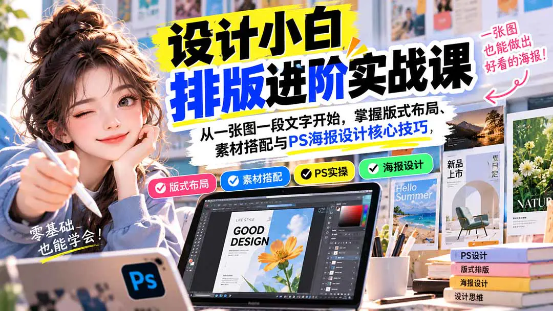 零基础设计排版实战教程:从文字层级、图文搭配到海报版式与自学练习方法,建立版式设计思维