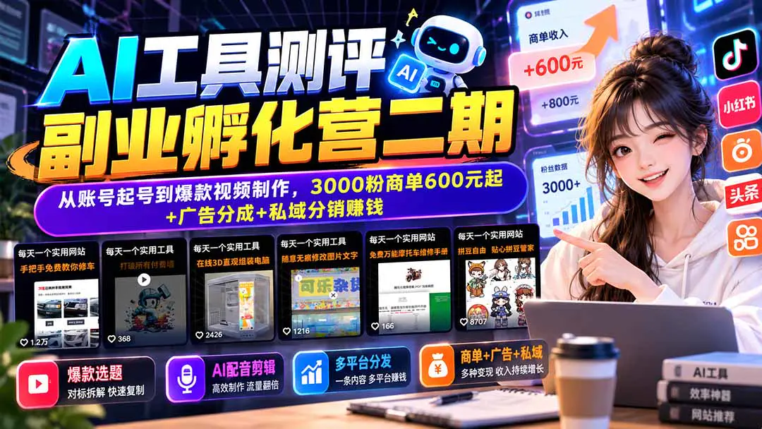 AI工具测评视频:从账号起号到爆款视频制作,3000粉商单600元起+广告分成+私域分销赚钱(飞书文档)