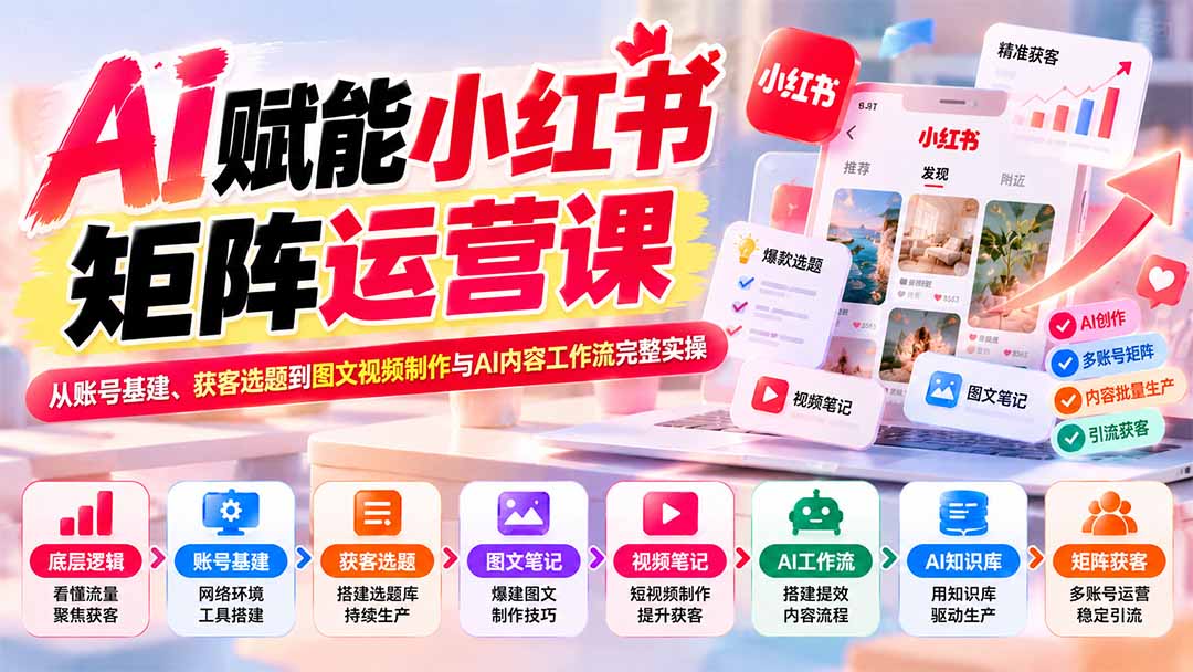 AI赋能小红书矩阵运营课：从流量逻辑、选题基建到图文视频笔记与AI工作流，矩阵复制稳定获客