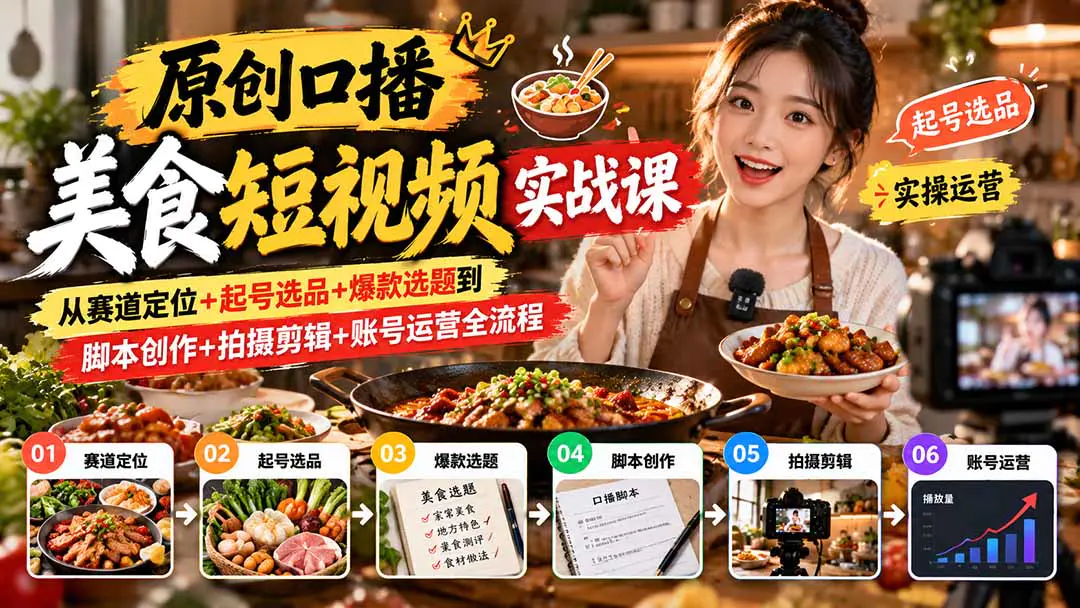 原创口播美食短视频实战课:从赛道定位、选题脚本到拍摄剪辑与账号运营全流程