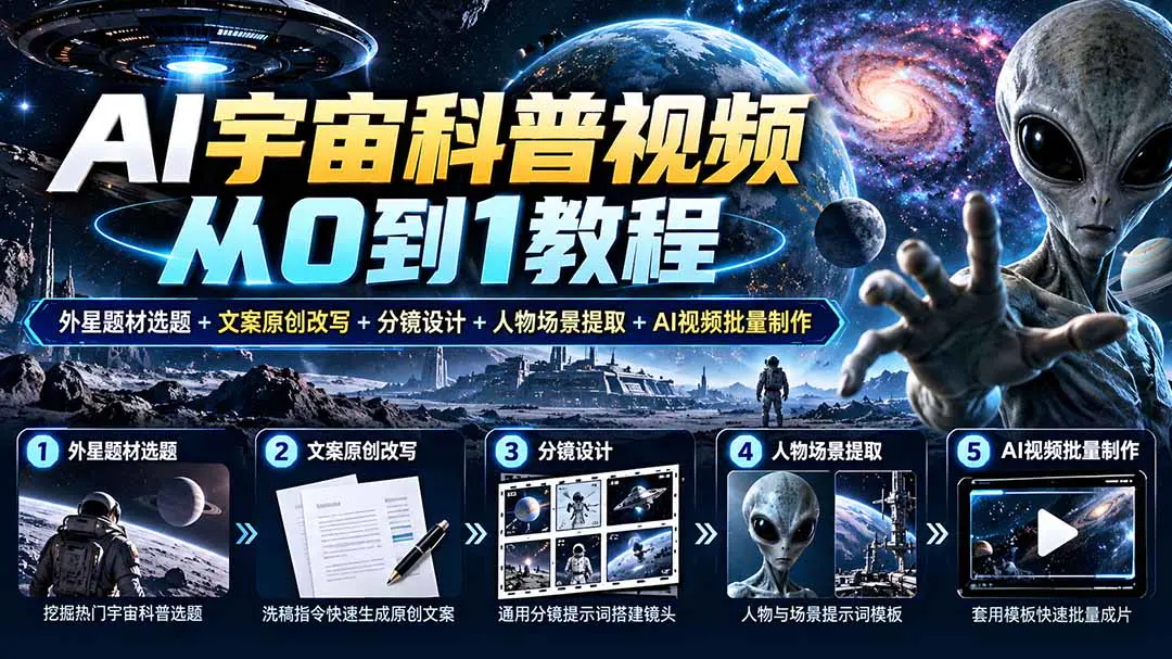 AI外星人宇宙科普短视频课:从文案改写、脚本分镜到人物场景提示词与AI视频生成全流程