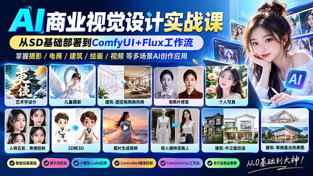 AI商业视觉设计实战课:从SD/ComfyUI/Flux工作流到摄影电商建筑案例与精准控图全流程