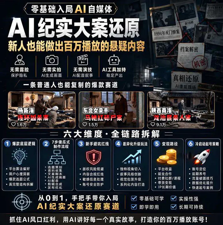 抖音AI纪实大案还原课:从选题脚本、AI画面配音到账号运营与商单变现